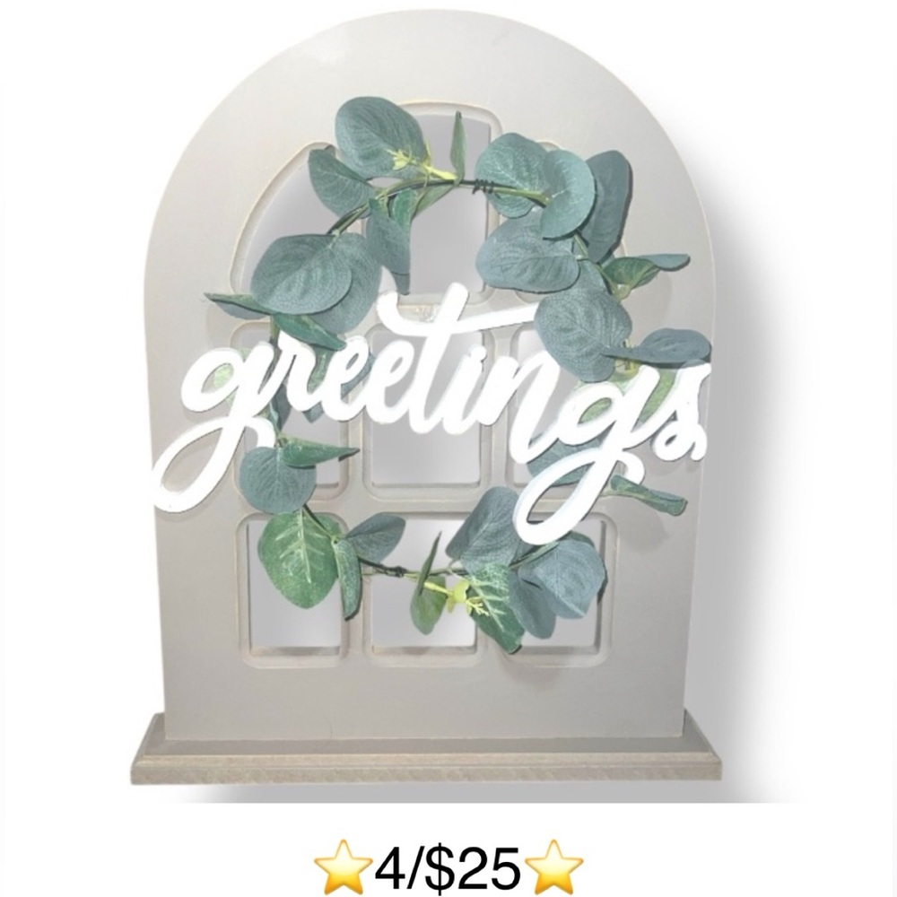 Wooden Window Frame Sign Greetings Wreath Standing Sign / Plaque / Shelf Decor